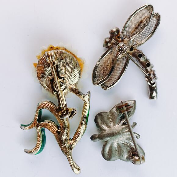 VTG Lot of 3 Mid Century Brooches Rhinestone Enamel Insect Floral Pins - Picture 10 of 16